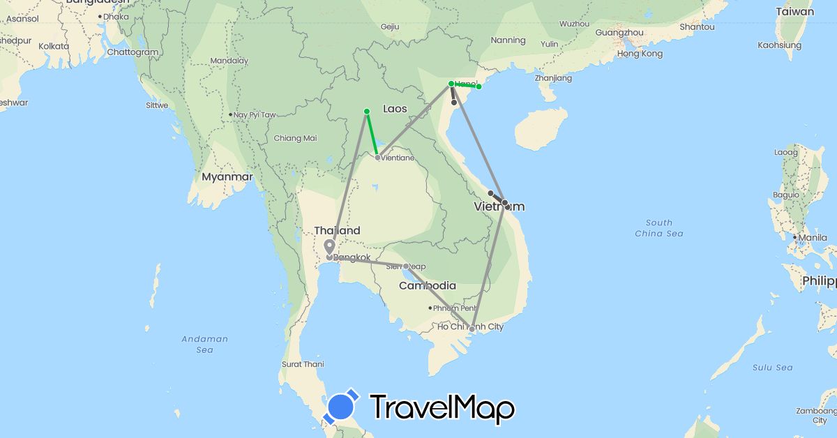 TravelMap itinerary: driving, bus, plane, motorbike in Cambodia, Laos, Thailand, Vietnam (Asia)